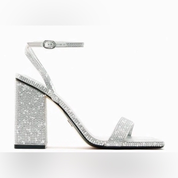 Zara Shoes - Zara Women’s Silver Sparkle Rhinestone Block Heeled Sandals Sz 9 NWT